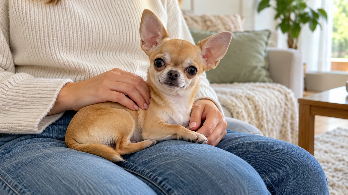 Chihuahua köpek — sahibinin kucağında
